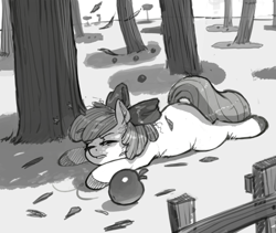 Size: 827x699 | Tagged: safe, artist:kevinsano, derpibooru import, apple bloom, apple, grayscale, monochrome, solo