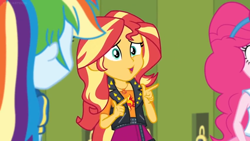 Size: 1600x900 | Tagged: safe, screencap, pinkie pie, rainbow dash, sunset shimmer, better together, equestria girls, holidays unwrapped, clothes, geode of empathy, jacket, lockers, magical geodes, nervous, pointing