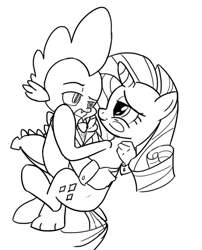 Size: 652x808 | Tagged: safe, artist:php63, rarity, spike, dragon, pony, unicorn, blushing, eye contact, female, hug, looking at each other, male, mare, monochrome, shipping, sparity, straight