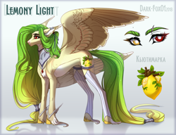 Size: 2736x2100 | Tagged: safe, artist:dark-fox01, oc, oc only, oc:lemony light, pegasus, pony, chest fluff, clothes, cutie mark, female, heterochromia, mare, reference sheet, scar, solo, stockings, thigh highs, unshorn fetlocks