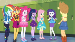 Size: 1600x900 | Tagged: safe, screencap, applejack, fluttershy, pinkie pie, rainbow dash, rarity, sci-twi, sunset shimmer, twilight sparkle, better together, equestria girls, holidays unwrapped, belt, boots, bowtie, clothes, cowboy hat, denim skirt, dress, freckles, geode of empathy, geode of fauna, geode of sugar bombs, geode of super speed, geode of telekinesis, glasses, hat, humane five, humane seven, humane six, jacket, lockers, magical geodes, miniskirt, pants, pantyhose, ponytail, shoes, skirt, socks, stetson, stockings, thigh highs, wristband