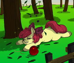 Size: 827x699 | Tagged: safe, artist:kevinsano, derpibooru import, apple bloom, earth pony, pony, apple, colored, female, filly, gravity, lying down, messy mane, pain star, prone, solo