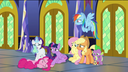 Size: 1920x1080 | Tagged: safe, derpibooru import, screencap, applejack, fluttershy, pinkie pie, rainbow dash, rarity, spike, twilight sparkle, twilight sparkle (alicorn), alicorn, dragon, earth pony, pegasus, pony, unicorn, the last problem, crying, eyes closed, female, flying, glowing horn, handkerchief, horn, levitation, magic, magic aura, magic glow, male, mane seven, mane six, mare, sad, telekinesis, winged spike, wiping, wiping tears