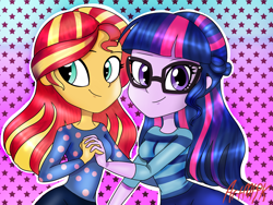 Size: 2048x1536 | Tagged: safe, artist:artmlpk, sci-twi, sunset shimmer, twilight sparkle, equestria girls, alternate hairstyle, cute, design, duo, holding hands, shimmerbetes, twiabetes