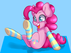 Size: 1600x1200 | Tagged: safe, artist:annakitsun3, pinkie pie, earth pony, pony, clothes, cute, diapinkes, sitting, socks, solo, striped socks