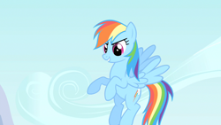 Size: 1280x720 | Tagged: safe, derpibooru import, screencap, rainbow dash, pegasus, pony, sonic rainboom (episode), female, flying, mare, smiling, smirk, solo