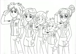 Size: 2414x1700 | Tagged: safe, artist:jmkplover, sci-twi, snails, snips, sunset shimmer, twilight sparkle, oc, oc:roy starfall, equestria girls, group shot, keisatsu sentai patranger, lineart, monochrome, patranger, police officer, super sentai