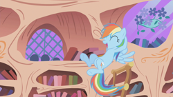 Size: 1280x720 | Tagged: safe, derpibooru import, screencap, rainbow dash, pegasus, pony, the ticket master, bookshelf, eyes closed, female, flying, golden oaks library, ladder, mare, open mouth, smiling, solo, wings