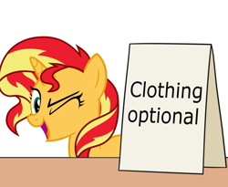 Size: 1100x900 | Tagged: safe, artist:mkogwheel edits, artist:nano23823, edit, sunset shimmer, pony, unicorn, equestria girls, applejack's sign, female, mare, one eye closed, sign, simple background, solo, text, transparent background, vector, we don't normally wear clothes, wink