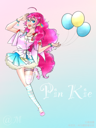 Size: 1536x2048 | Tagged: safe, artist:莫洛墨, pinkie pie, human, balloon, clothes, cute, female, humanized, miniskirt, moe, pleated skirt, shoes, skirt, socks, solo, striped socks, thigh highs, thighs
