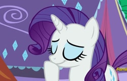 Size: 1127x720 | Tagged: safe, screencap, rarity, pony, unicorn, campfire tales, chuckle, eyes closed, eyeshadow, makeup, purple mane, solo, tent