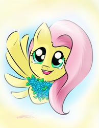 Size: 1024x1318 | Tagged: safe, artist:freeedon, fluttershy, pegasus, pony, bouquet, bust, female, flower, holding, looking up, mare, one wing out, open mouth, portrait, reaching, smiling, solo, spread wings, waving, wings