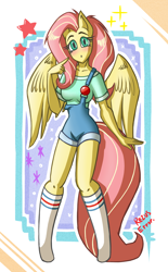 Size: 2300x3700 | Tagged: safe, artist:rezuserror, fluttershy, anthro, clothes, dungarees, shirt, socks, solo