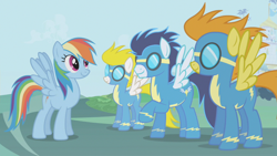 Size: 1280x720 | Tagged: safe, derpibooru import, screencap, blaze, rainbow dash, soarin', surprise, pegasus, pony, the ticket master, clothes, female, goggles, male, mare, quartet, raised hoof, stallion, uniform, wonderbolts, wonderbolts uniform