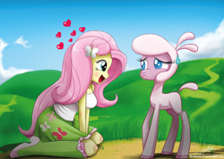 Size: 1370x976 | Tagged: safe, artist:the-butch-x, fluttershy, pom lamb, lamb, sheep, them's fightin' herds, equestria girls, boots, clothes, community related, crossover, duo, female, heart, kneeling, looking at each other, open mouth, scared, signature, skirt, socks, tanktop