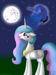 Size: 1200x1600 | Tagged: safe, artist:artyjoyful, princess celestia, princess luna, alicorn, pony, crying, floating head, full moon, lullaby for a princess, mare in the moon, moon, night, signature, stars