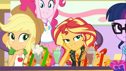 Size: 1920x1080 | Tagged: safe, screencap, applejack, pinkie pie, sci-twi, sunset shimmer, twilight sparkle, better together, equestria girls, holidays unwrapped, applejack's hat, cowboy hat, dashing through the mall, drinking straw, female, geode of empathy, geode of sugar bombs, gift box, hat, ice cream soda, lidded eyes, looking at you, magical geodes, quartet, smiling