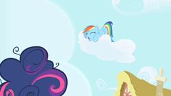 Size: 1280x720 | Tagged: safe, derpibooru import, screencap, rainbow dash, twilight sparkle, pegasus, pony, friendship is magic, alternate hairstyle, cloud, eyes closed, female, laughing, lying on a cloud, mare, solo focus