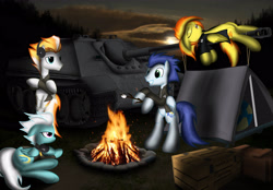 Size: 3200x2227 | Tagged: safe, artist:spitshy, derpibooru import, fire streak, fleetfoot, soarin', spitfire, beach ball, jagdpanther, tank (vehicle)