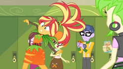 Size: 1600x900 | Tagged: safe, screencap, cherry crash, microchips, scribble dee, sunset shimmer, velvet sky, better together, equestria girls, holidays unwrapped, alternate hairstyle, awkward, carrot, clothes, cornucopia costumes, dress, food, how embarrassing, laughing, lockers, o come all ye squashful, spikes, struggling, uncomfortable