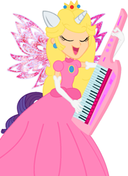 Size: 921x1256 | Tagged: safe, artist:inside-our-mind, artist:user15432, rarity, human, unicorn, equestria girls, rainbow rocks, base used, clothes, crossover, dress, equestria girls style, equestria girls-ified, fairy wings, humanized, keytar, musical instrument, nintendo, playing, ponied up, princess peach, raripeach, simple background, solo, super mario bros., super smash bros., white background, winged humanization, wings