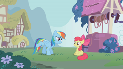 Size: 1280x720 | Tagged: safe, derpibooru import, screencap, apple bloom, rainbow dash, earth pony, pegasus, pony, call of the cutie, duo, female, filly, foal, mare, raised leg, sitting, well