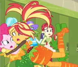 Size: 1036x900 | Tagged: safe, edit, edited screencap, screencap, aqua blossom, paisley, pinkie pie, rose heart, sunset shimmer, better together, equestria girls, holidays unwrapped, alternate hairstyle, background human, bumping, carrot, corn, crashing, cropped, falling, food, how embarrassing, lockers, spikes