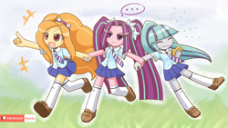 Size: 1920x1080 | Tagged: safe, artist:howxu, adagio dazzle, aria blaze, sonata dusk, equestria girls, clothes, cute, eyes closed, female, food, miniskirt, pigtails, pleated skirt, ponytail, school uniform, shoes, skirt, socks, taco, the dazzlings, thigh highs, twintails, zettai ryouiki