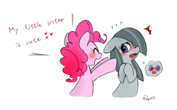 Size: 800x500 | Tagged: safe, artist:phyllismi, marble pie, pinkie pie, earth pony, pony, blushing, embarrassed, happy, pie sisters, pie twins, pixiv, twins