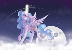 Size: 1024x717 | Tagged: safe, artist:coffeebeanu, princess celestia, alicorn, pony, crying, female, glowing horn, lullaby for a princess, mare, moon, night, solo