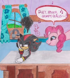 Size: 1024x1138 | Tagged: safe, artist:suzspence, pinkie pie, earth pony, pony, crossover, shadow the hedgehog, sonic the hedgehog (series), traditional art