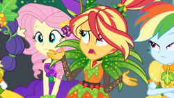 Size: 1600x900 | Tagged: safe, screencap, fluttershy, rainbow dash, rarity, sunset shimmer, better together, equestria girls, holidays unwrapped, alternate hairstyle, carrot, cornucopia costumes, curls, food, frown, leaves, o come all ye squashful, shrug, spikes