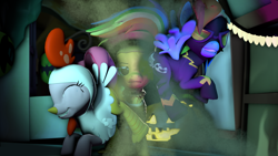 Size: 3840x2160 | Tagged: safe, artist:gassipons, derpibooru import, applejack, pinkie pie, rainbow dash, earth pony, pegasus, pony, 3d, alleyway, animal costume, chicken suit, clothes, costume, double team, fart, fart fetish, fetish, halloween, holiday, nightmare night, poster, prank, scarecrow, shadowbolts, source filmmaker