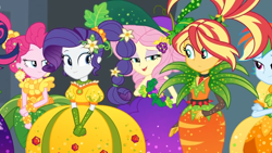 Size: 1600x900 | Tagged: safe, screencap, fluttershy, pinkie pie, rainbow dash, rarity, sunset shimmer, better together, equestria girls, holidays unwrapped, braid, carrot, clothes, corn, cornucopia costumes, dress, flower, flower in hair, food, hat, inflatable dress, jewel, o come all ye squashful, ponytail, spikes