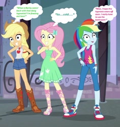 Size: 568x601 | Tagged: safe, derpibooru import, edit, edited screencap, editor:thomasfan45, screencap, applejack, fluttershy, rainbow dash, better together, equestria girls, street chic, 1000 hours in ms paint, applejack's hat, bare arms, bare shoulders, barrette, boots, clothes, cowboy hat, cropped, cute, dress, forced smile, frozen, geode of fauna, geode of super speed, geode of super strength, hat, hypno eyes, hypnosis, hypnotized, implied rarity, magical geodes, mannequin, ponytail, sexy, shoes, shorts, sneakers, story included, tanktop, thought bubble