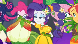 Size: 1596x900 | Tagged: safe, screencap, fluttershy, pinkie pie, rarity, sci-twi, sunset shimmer, twilight sparkle, better together, equestria girls, holidays unwrapped, braid, clothes, cornucopia costumes, dress, glasses, leaves, o come all ye squashful, ponytail, smiling, smirk