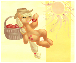 Size: 1300x1075 | Tagged: safe, artist:cepto, applejack, earth pony, pony, apple, basket, cute, eyes closed, hoof hold, solo