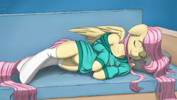 Size: 3840x2160 | Tagged: safe, artist:cluvry, fluttershy, pegasus, pony, semi-anthro, clothes, cute, female, floppy ears, hoodie, human shoulders, mare, shyabetes, sleeping, smiling, solo, stockings, sweater, thigh highs