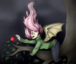 Size: 1024x866 | Tagged: safe, artist:jadekettu, fluttershy, bat pony, human, apple, clothes, downside up, flutterbat, food, humanized, solo, sweater, sweatershy, upside down