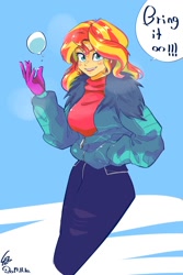 Size: 1000x1500 | Tagged: safe, artist:sozglitch, sunset shimmer, better together, equestria girls, holidays unwrapped, breasts, clothes, snow, snowball, solo, sunset jiggler, winter outfit