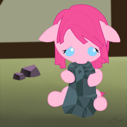 Size: 2000x2000 | Tagged: safe, artist:face-of-moe, pinkie pie, earth pony, pony, baby, baby pie, baby pony, floppy ears, rock, sad, solo