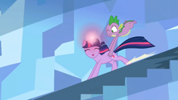 Size: 1365x768 | Tagged: safe, derpibooru import, screencap, spike, twilight sparkle, dragon, the crystal empire, butt touch, gravity spell, hand on butt, stairs