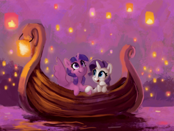 Size: 2500x1875 | Tagged: safe, artist:lilfunkman, rarity, twilight sparkle, twilight sparkle (alicorn), alicorn, pony, unicorn, boat, female, i see the light, lantern, lesbian, mare, parody, rarilight, shipping, tangled (disney)