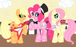 Size: 1280x800 | Tagged: safe, artist:unoriginai, applejack, fluttershy, pinkie pie, earth pony, pegasus, pony, animatronic, bonnie, bowtie, chica, chicashy, cupcake, five nights at freddy's, freddy fazbear, guitar, hat, microphone, ponified, stage, story included, top hat