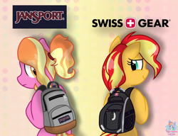 Size: 1780x1364 | Tagged: safe, artist:rainbow eevee, luster dawn, sunset shimmer, pony, unicorn, backpack, cute, duo, female, jansport, logo, looking at each other, simple background, swiss gear