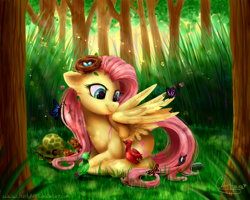Size: 1000x800 | Tagged: safe, artist:frostykat13, fluttershy, bird, butterfly, pegasus, pony, squirrel, tortoise, animal, crepuscular rays, critters, forest, nest, prone, solo