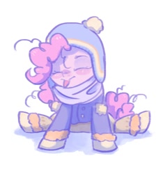 Size: 688x736 | Tagged: safe, artist:annielith, pinkie pie, earth pony, pony, clothes, eyes closed, hat, jacket, sitting, snow, solo, tongue out, winter