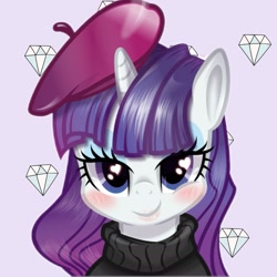 Size: 1773x1773 | Tagged: artist needed, safe, rarity, pony, unicorn, beatnik rarity, beret, blushing, bust, clothes, eyeshadow, hat, heart eyes, lipstick, makeup, sweater, wingding eyes