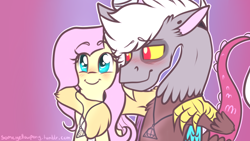 Size: 1334x750 | Tagged: safe, artist:suenden-hund, discord, fluttershy, pegasus, pony, alternate hairstyle, discoshy, female, male, scene interpretation, shipping, straight