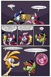 Size: 534x810 | Tagged: safe, artist:joeywaggoner, pinkie pie, oc, oc:center stage, oc:show off, oc:spotlight, earth pony, pony, too many pinkie pies, :3, comic, diane, the clone that got away